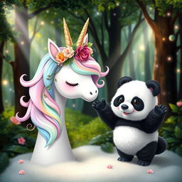 A whimsical scene featuring a Yonicorn, a unicorn with soft, feminine features, adorned with a floral crown made of colorful blossoms and vines