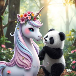 A whimsical scene featuring a Yonicorn, a unicorn with soft, feminine features, adorned with a floral crown made of colorful blossoms and vines