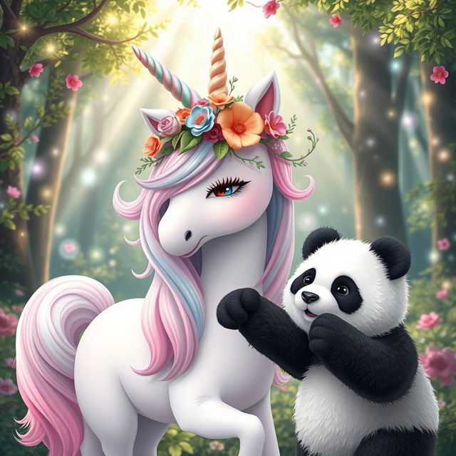 A whimsical scene featuring a Yonicorn, a unicorn with soft, feminine features, adorned with a floral crown made of colorful blossoms and vines