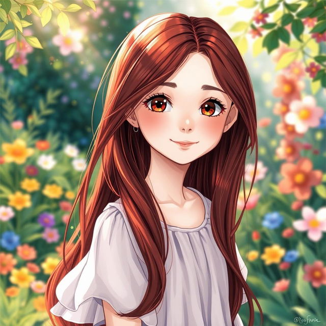 A beautifully illustrated drawing of a girl with dark red hair cascading down her back, light brown eyes that are expressive and captivating, and fair white skin that glows with an ethereal quality