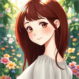 A beautifully illustrated drawing of a girl with dark red hair cascading down her back, light brown eyes that are expressive and captivating, and fair white skin that glows with an ethereal quality