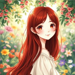 A beautifully illustrated drawing of a girl with dark red hair cascading down her back, light brown eyes that are expressive and captivating, and fair white skin that glows with an ethereal quality