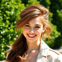 A stylish person with hazel brown hair, radiating confidence while wearing a chic outfit