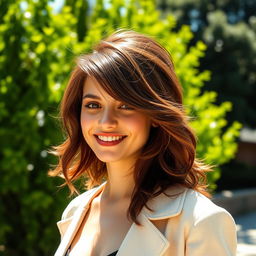 A stylish person with hazel brown hair, radiating confidence while wearing a chic outfit