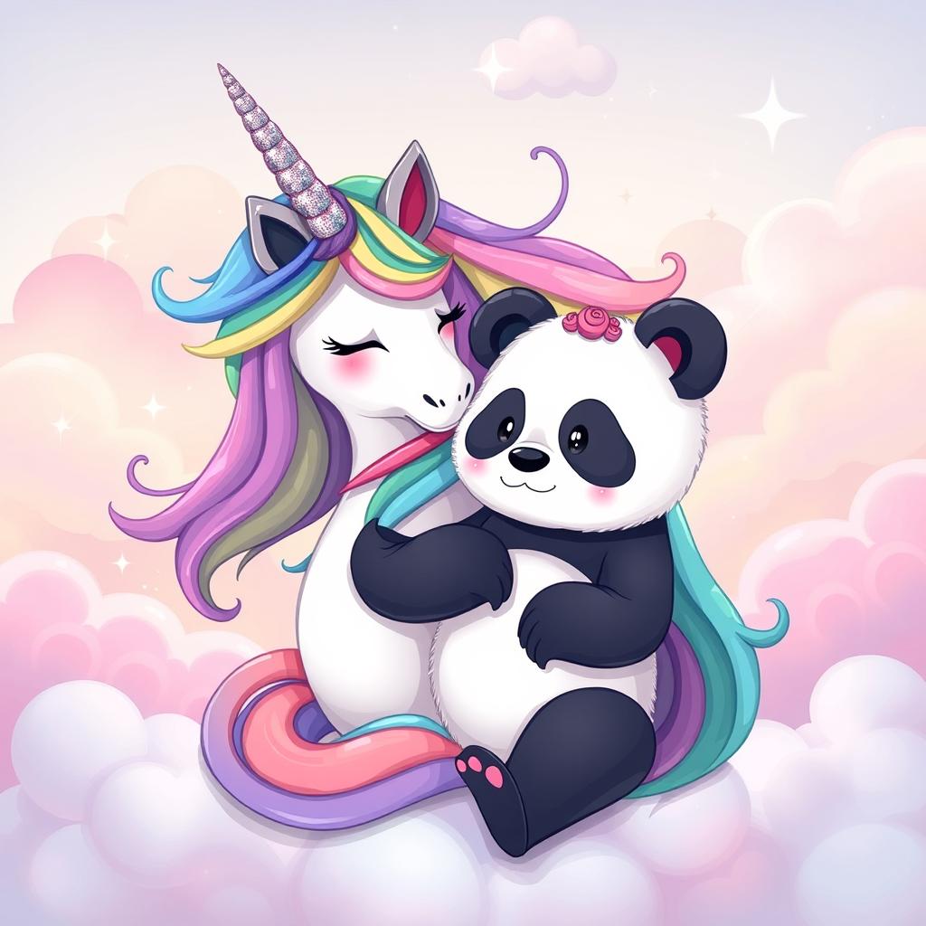 A whimsical and colorful illustration featuring a yonicorn, a mythical creature that is part unicorn and part yoni, intertwined with an anthropomorphic panda