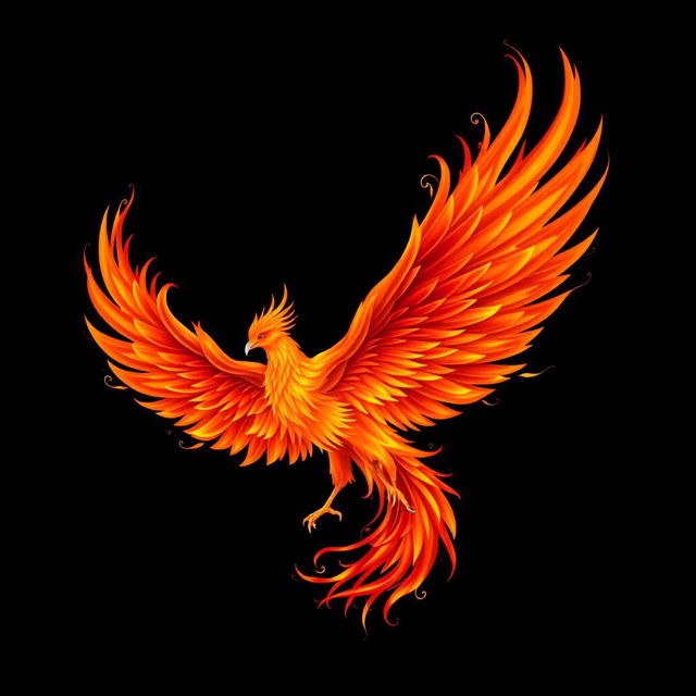 An artistic depiction of a fiery phoenix against a stark black background