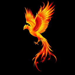 An artistic depiction of a fiery phoenix against a stark black background