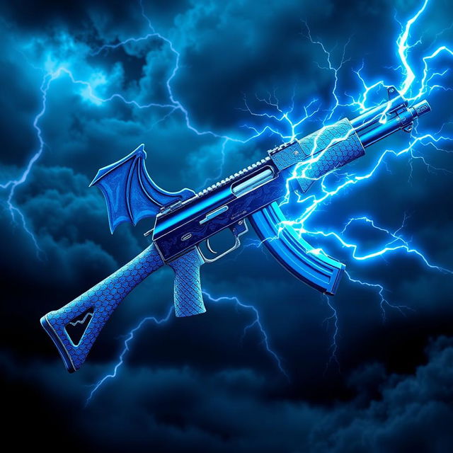 An artistic depiction of a blue dragon-themed AK-47, featuring striking blue wings attached to the sides of the weapon