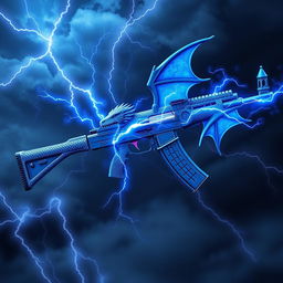 An artistic depiction of a blue dragon-themed AK-47, featuring striking blue wings attached to the sides of the weapon