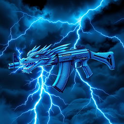 An artistic depiction of a blue dragon-themed AK-47, featuring striking blue wings attached to the sides of the weapon