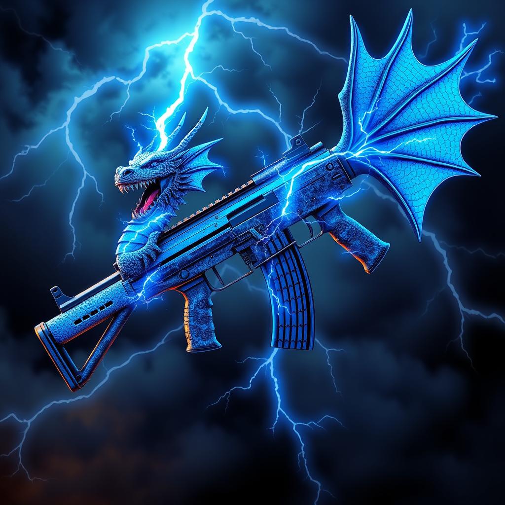 An artistic depiction of a blue dragon-themed AK-47, featuring striking blue wings attached to the sides of the weapon