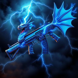 An artistic depiction of a blue dragon-themed AK-47, featuring striking blue wings attached to the sides of the weapon