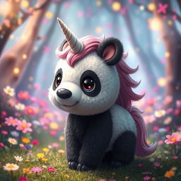 A whimsical creature that is a fusion of a unicorn and a panda