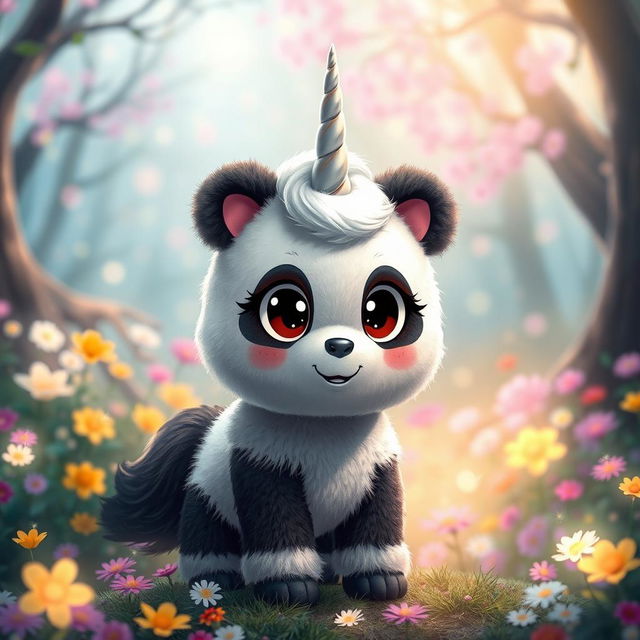 A whimsical creature that is a fusion of a unicorn and a panda