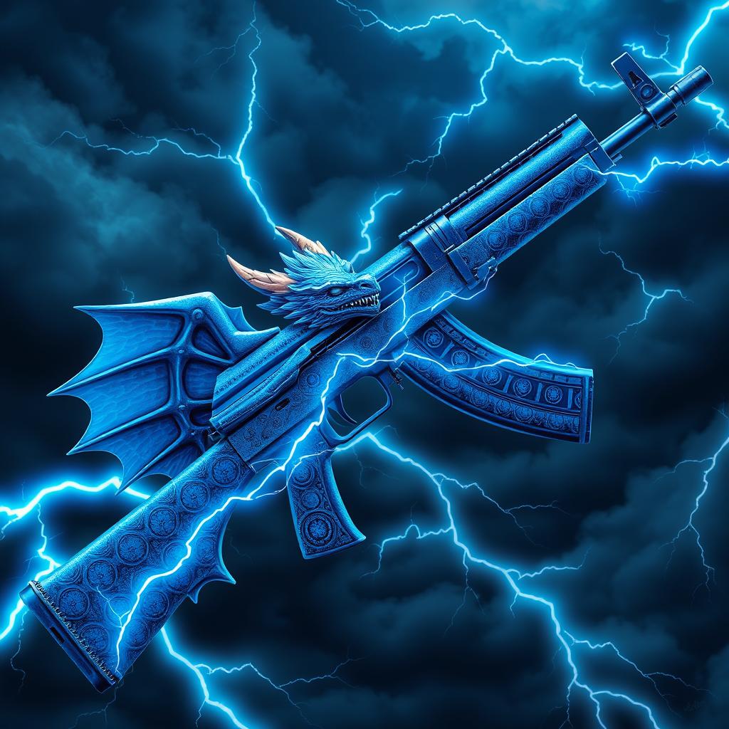 A detailed and imaginative depiction of a blue dragon-themed AK-47, featuring striking blue wings attached to the sides of the weapon