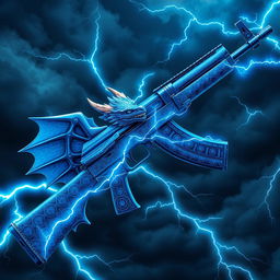A detailed and imaginative depiction of a blue dragon-themed AK-47, featuring striking blue wings attached to the sides of the weapon
