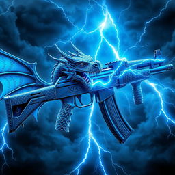 A detailed and imaginative depiction of a blue dragon-themed AK-47, featuring striking blue wings attached to the sides of the weapon