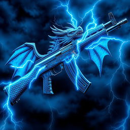 A detailed and imaginative depiction of a blue dragon-themed AK-47, featuring striking blue wings attached to the sides of the weapon