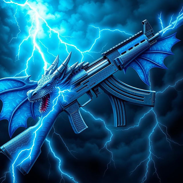 A detailed and imaginative depiction of a blue dragon-themed AK-47, featuring striking blue wings attached to the sides of the weapon