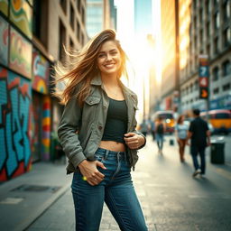 A captivating portrait of a confident woman standing in an urban environment, wearing stylish street fashion with a trendy jacket, jeans, and chic sneakers