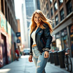 A captivating portrait of a confident woman standing in an urban environment, wearing stylish street fashion with a trendy jacket, jeans, and chic sneakers