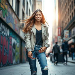 A captivating portrait of a confident woman standing in an urban environment, wearing stylish street fashion with a trendy jacket, jeans, and chic sneakers