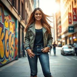 A captivating portrait of a confident woman standing in an urban environment, wearing stylish street fashion with a trendy jacket, jeans, and chic sneakers