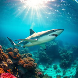 A majestic great white shark swimming gracefully through crystal clear turquoise waters, surrounded by colorful coral reefs teeming with vibrant fish