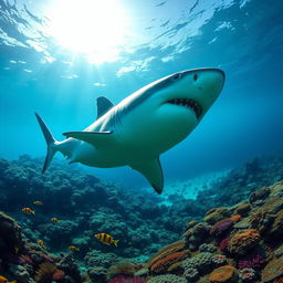 A majestic great white shark swimming gracefully through crystal clear turquoise waters, surrounded by colorful coral reefs teeming with vibrant fish