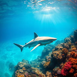 A majestic great white shark swimming gracefully through crystal clear turquoise waters, surrounded by colorful coral reefs teeming with vibrant fish