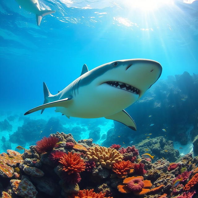 A majestic great white shark swimming gracefully through crystal clear turquoise waters, surrounded by colorful coral reefs teeming with vibrant fish