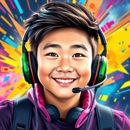 A vibrant and eye-catching portrait of a Chinese teenage boy wearing gaming headphones
