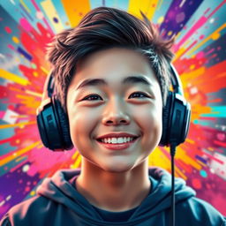 A vibrant and eye-catching portrait of a Chinese teenage boy wearing gaming headphones