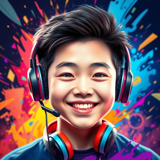 A vibrant and eye-catching portrait of a Chinese teenage boy wearing gaming headphones