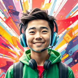 A vibrant and eye-catching portrait of a Chinese teenage boy wearing gaming headphones