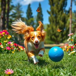 A lively and playful dog, with shiny fur and bright, expressive eyes, bounding through a lush green park filled with colorful flowers and fluttering butterflies