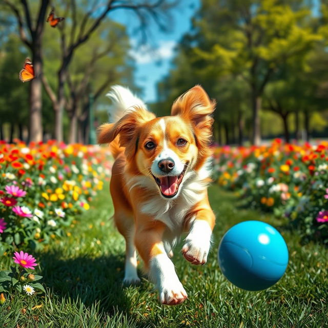 A lively and playful dog, with shiny fur and bright, expressive eyes, bounding through a lush green park filled with colorful flowers and fluttering butterflies