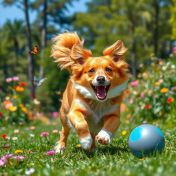 A lively and playful dog, with shiny fur and bright, expressive eyes, bounding through a lush green park filled with colorful flowers and fluttering butterflies