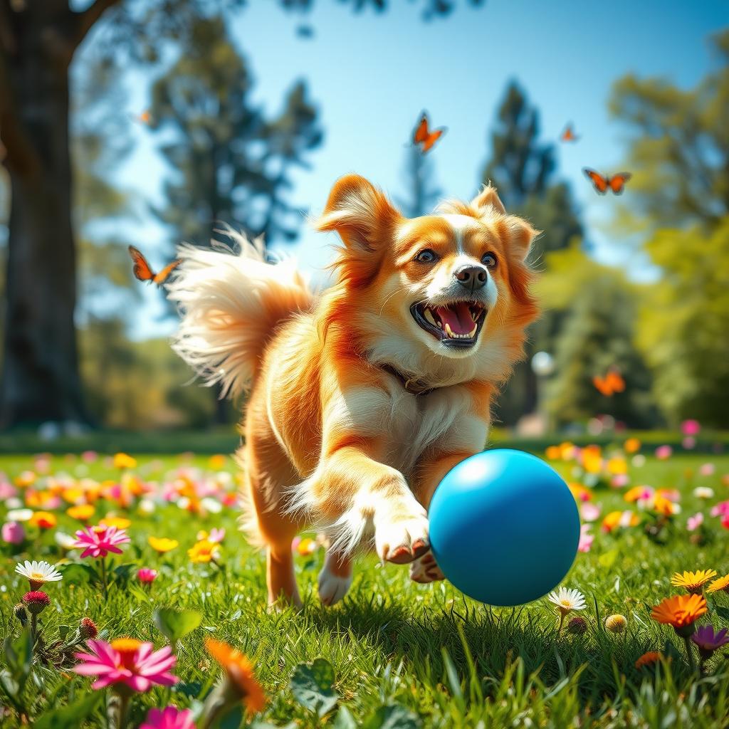 A lively and playful dog, with shiny fur and bright, expressive eyes, bounding through a lush green park filled with colorful flowers and fluttering butterflies