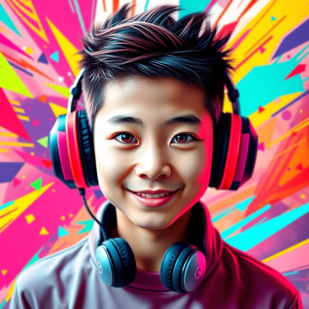 A vibrant and eye-catching portrait of a Chinese teenage boy wearing gaming headphones