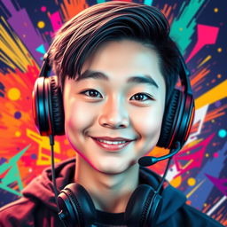 A vibrant and eye-catching portrait of a Chinese teenage boy wearing gaming headphones