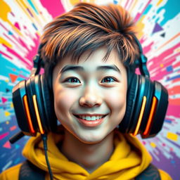 A vibrant and eye-catching portrait of a Chinese teenage boy wearing gaming headphones