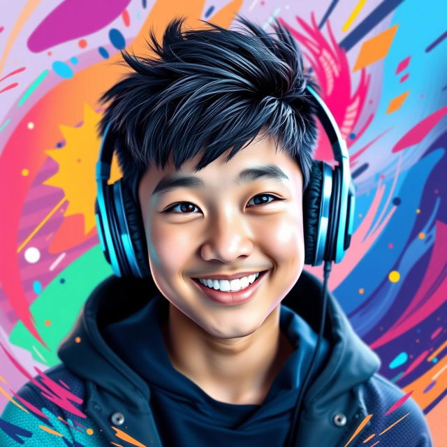 A vibrant and eye-catching portrait of a Chinese teenage boy wearing gaming headphones