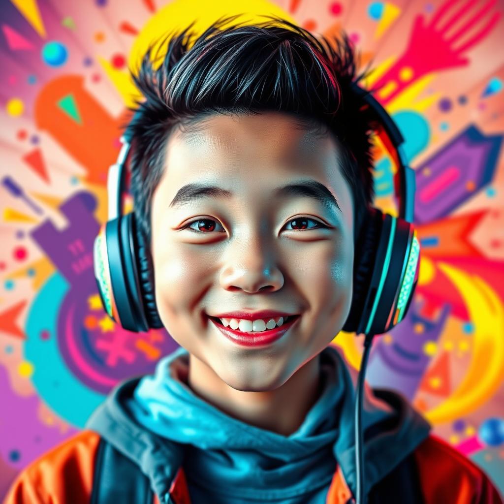 A vibrant and eye-catching portrait of a Chinese teenage boy with distinctive 'buco' nose wearing gaming headphones