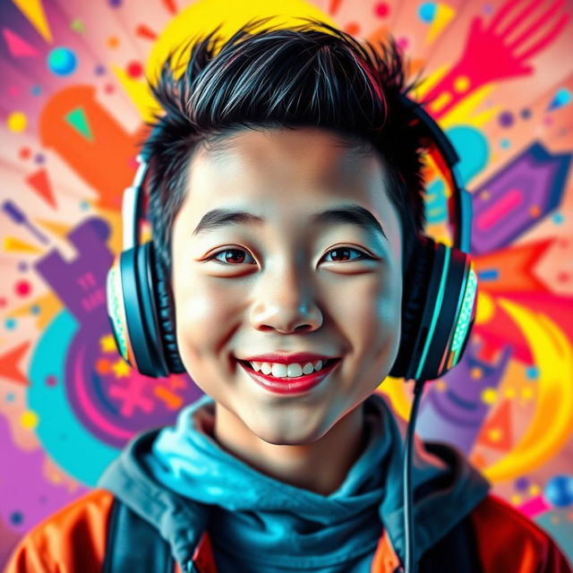 A vibrant and eye-catching portrait of a Chinese teenage boy with distinctive 'buco' nose wearing gaming headphones