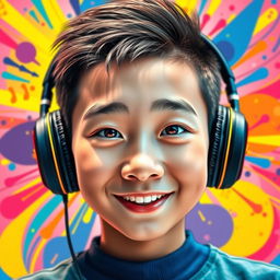 A vibrant and eye-catching portrait of a Chinese teenage boy with distinctive 'buco' nose wearing gaming headphones