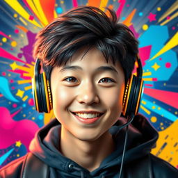 A vibrant and eye-catching portrait of a Chinese teenage boy with distinctive 'buco' nose wearing gaming headphones