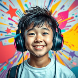 A vibrant and eye-catching portrait of a Chinese teenage boy with distinctive 'buco' nose wearing gaming headphones