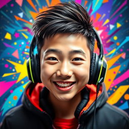 A vibrant and eye-catching portrait of a Chinese teenage boy wearing gaming headphones