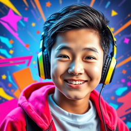 A vibrant and eye-catching portrait of a Chinese teenage boy wearing gaming headphones